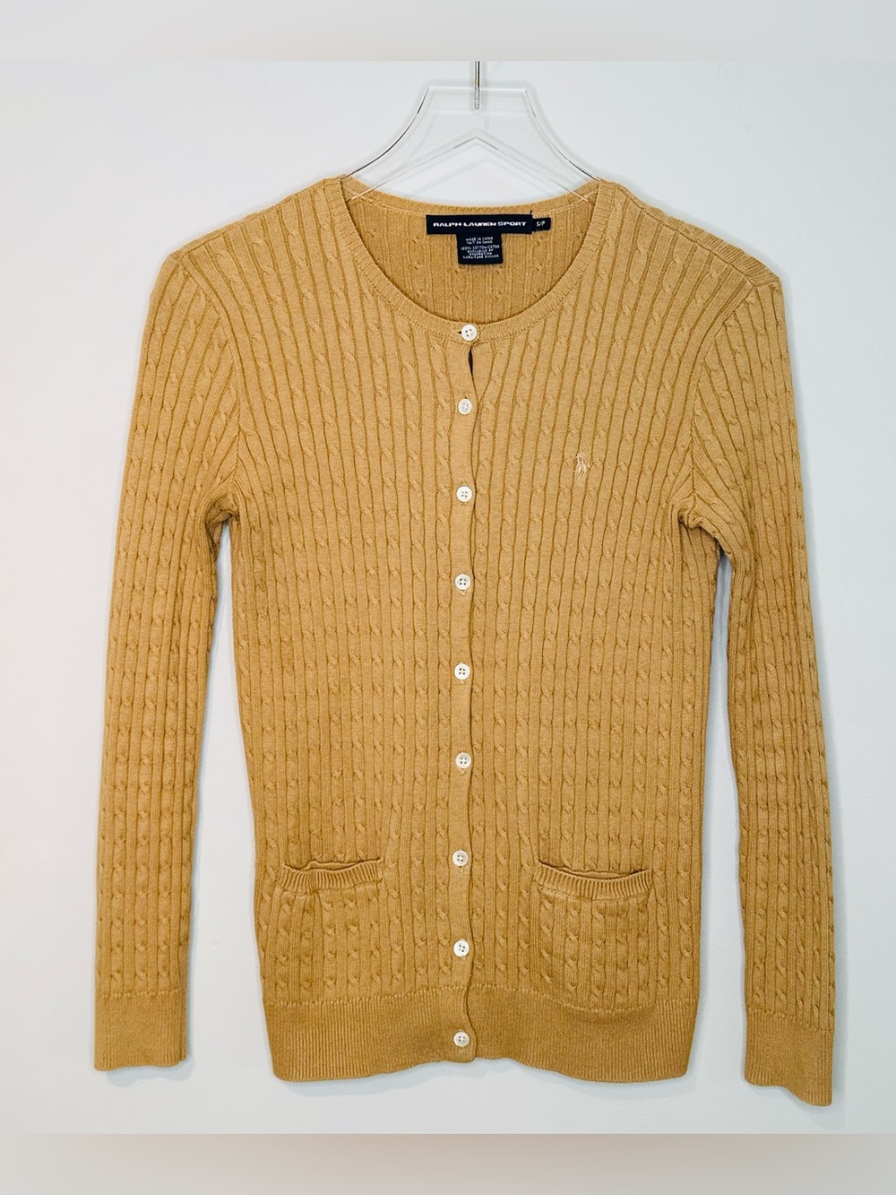 Ralph Lauren Khaki Tan Brown Cable Knit Button Front Cardigan Sweater